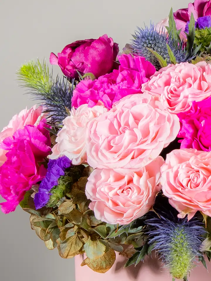 Flower box rosa di fiori rosa fuxia viola macro